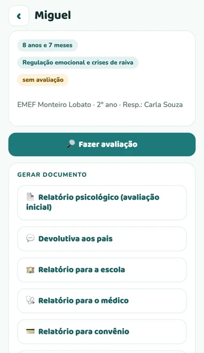Tela do app: ficha da criança